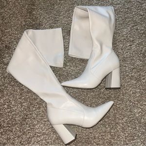 Cream Bone Faux Leather Over the Knee Heeled Boots